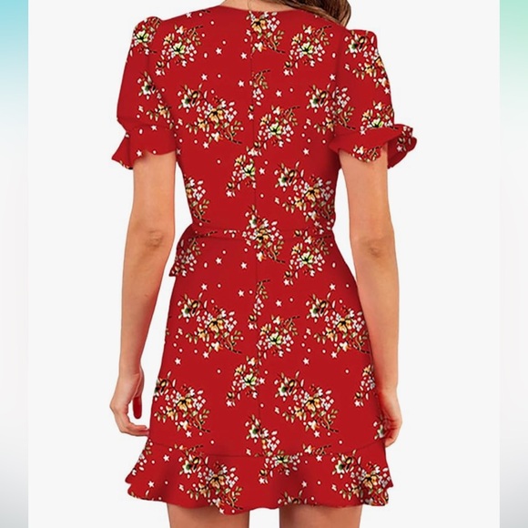 Women's Floral Print Dress Short Sleeve Wrap Tie Waist Ruffle, sz Large - Picture 2 of 3